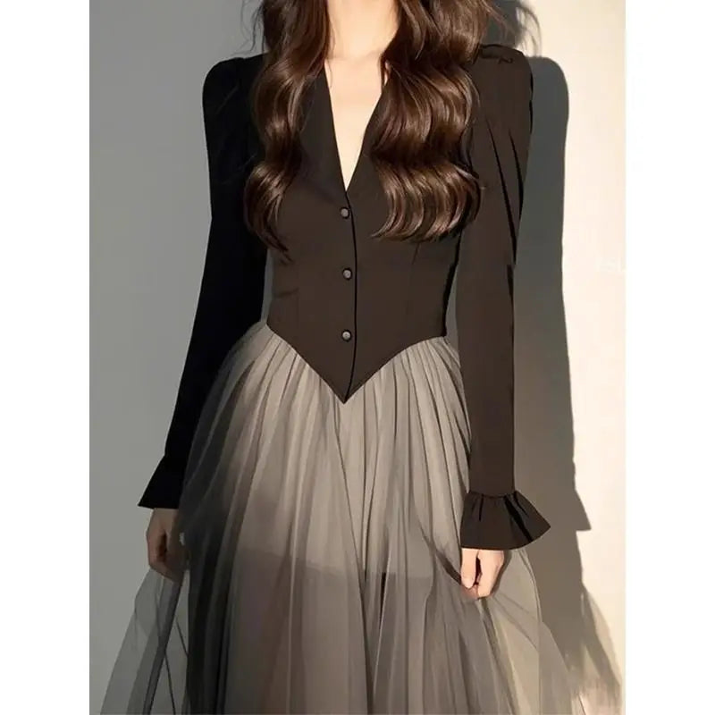 Women's Black Blazer Style Patchwork Ombre Tulle Maxi Dress