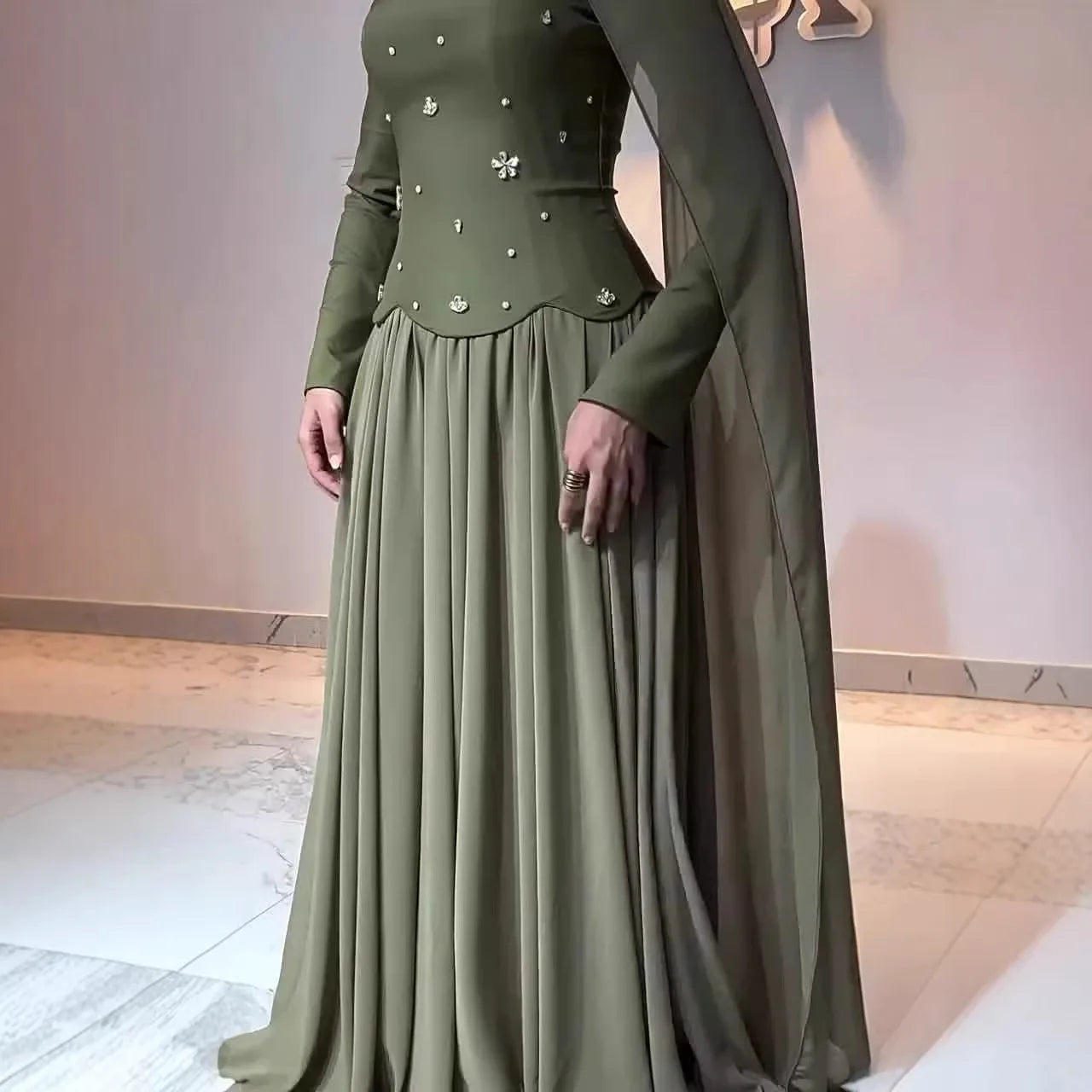 Women Long Dress Splice Beaded Mock Neck Full Sleeve Streetwear