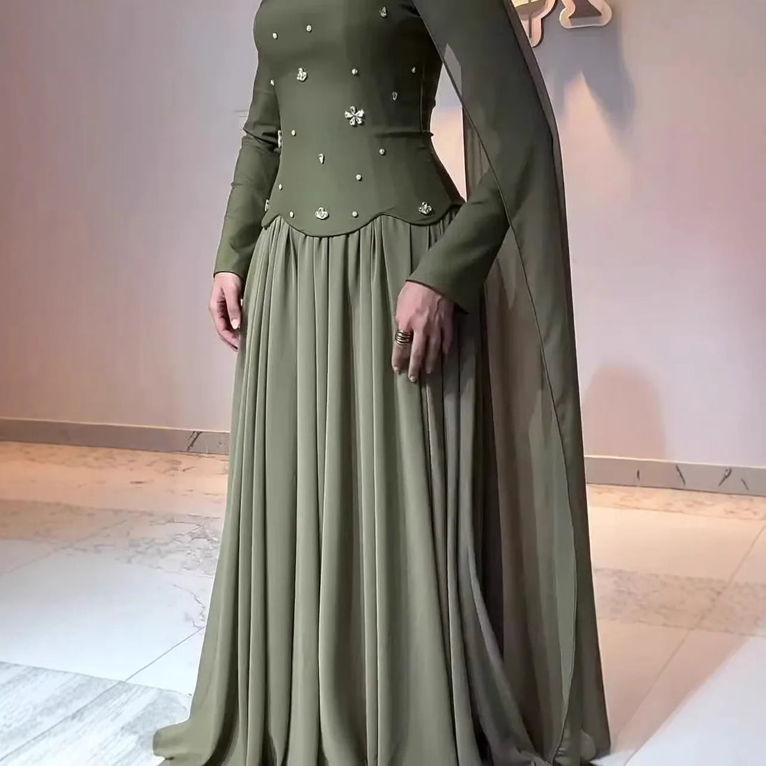 Women Long Dress Splice Beaded Mock Neck Full Sleeve Streetwear