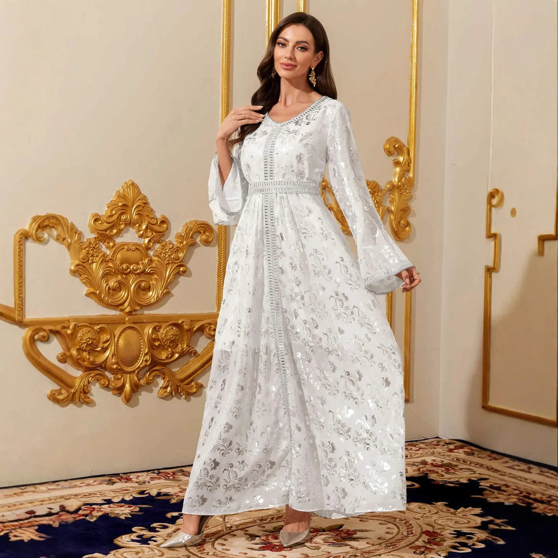 Silver Foil Print Modest Maxi Dress – Elegant Eid & Occasion Abaya