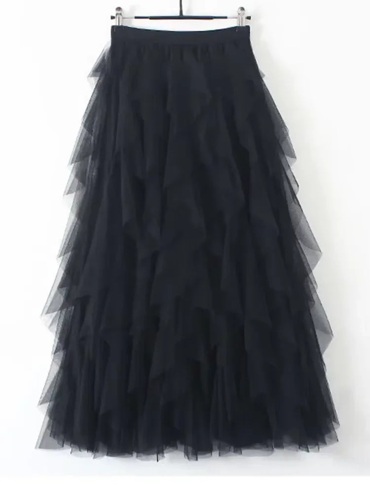 Womens Elastic High Waist Tulle Mesh Irregular Tutu Skirt