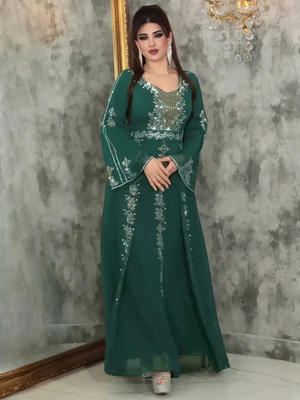 Elegant Chiffon Ruffle Sleeve Maxi Dress – Diamond-Detail Evening Gown