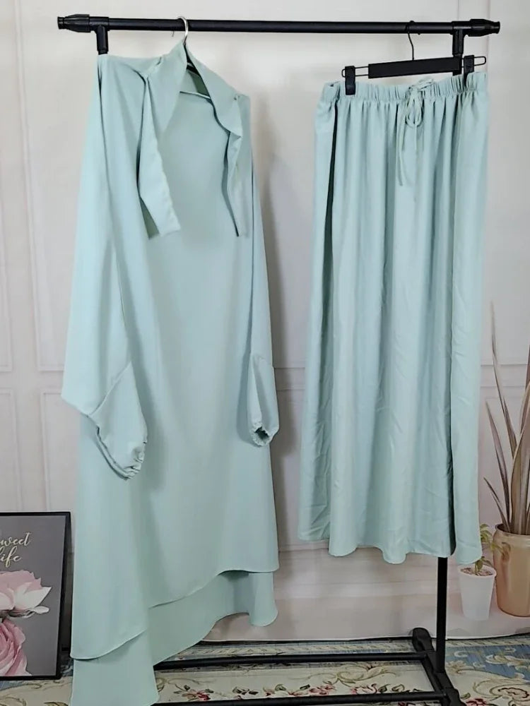 Ramadan 2 Piece Long Khimar with Skirt Set Abaya Muslim Women