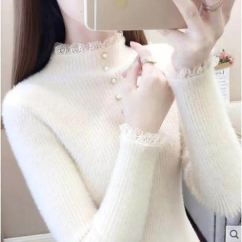 Women Clothing Elegant Fashion Half High Collar Long Sleeve Sweaters