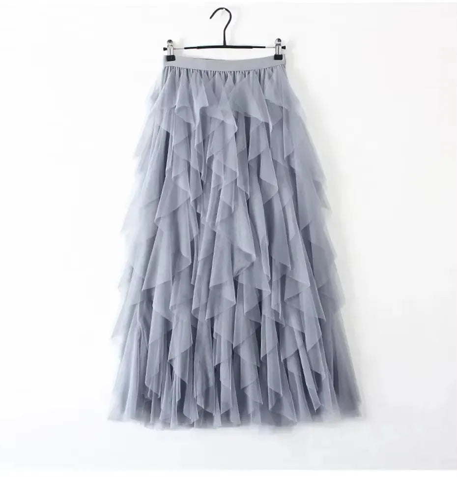 Womens Elastic High Waist Tulle Mesh Irregular Tutu Skirt