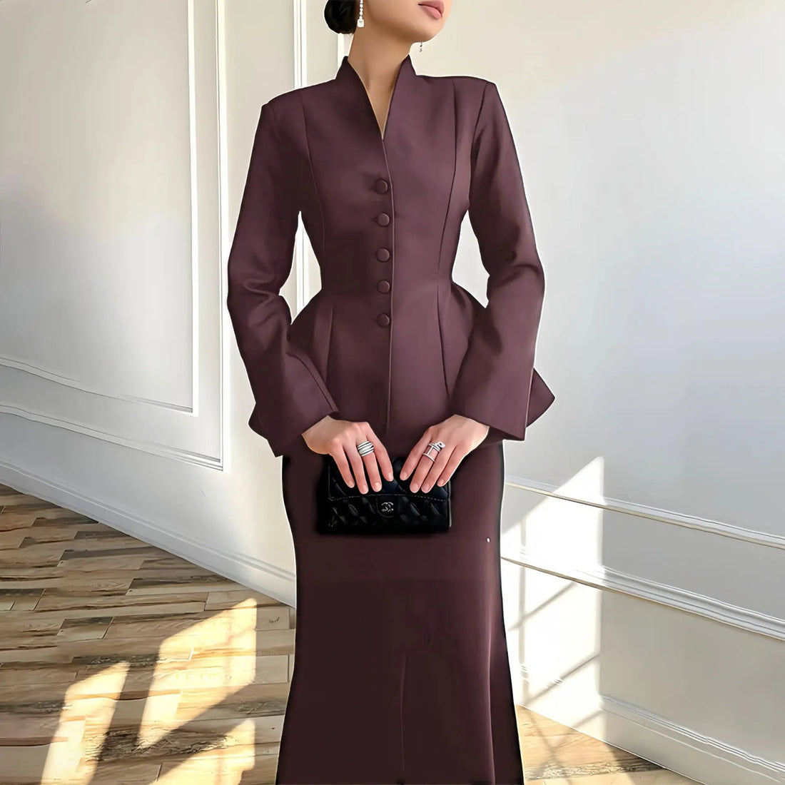 Autumn New Stand Up Collar Long Sleeve Waist Tight Women's Fashion Two Piece Set