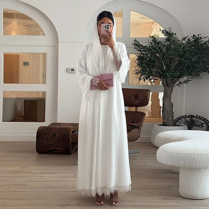 White Chiffon Abaya Set – Lace Sleeve & Hijab Included