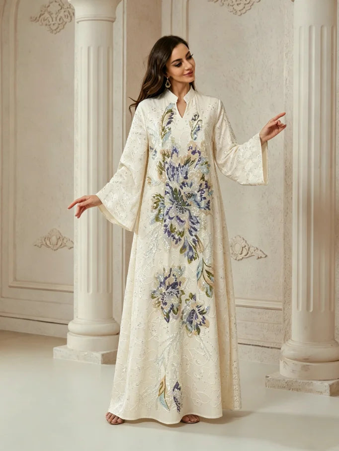 Bead Embroidered V-Neck Arabic Dress – Elegant Kaftan