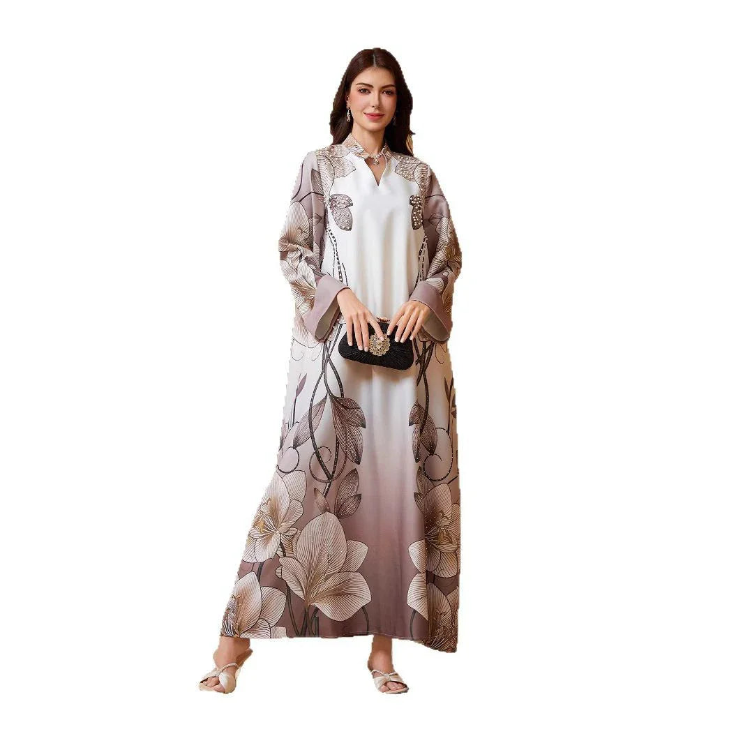 Saudi Luxury Nail Bead Diamond Robe – V-Neck Flip Sleeve Dress
