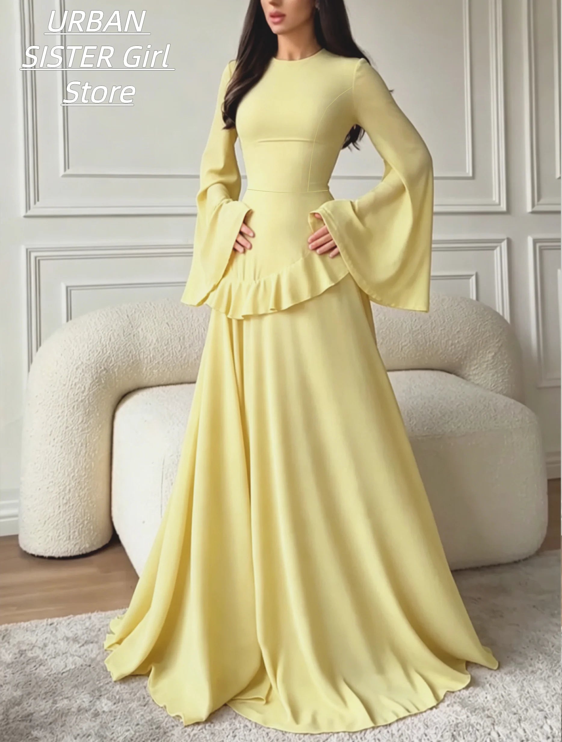 Cream-Colored Round-Neck Muslim Banquet Evening Gown