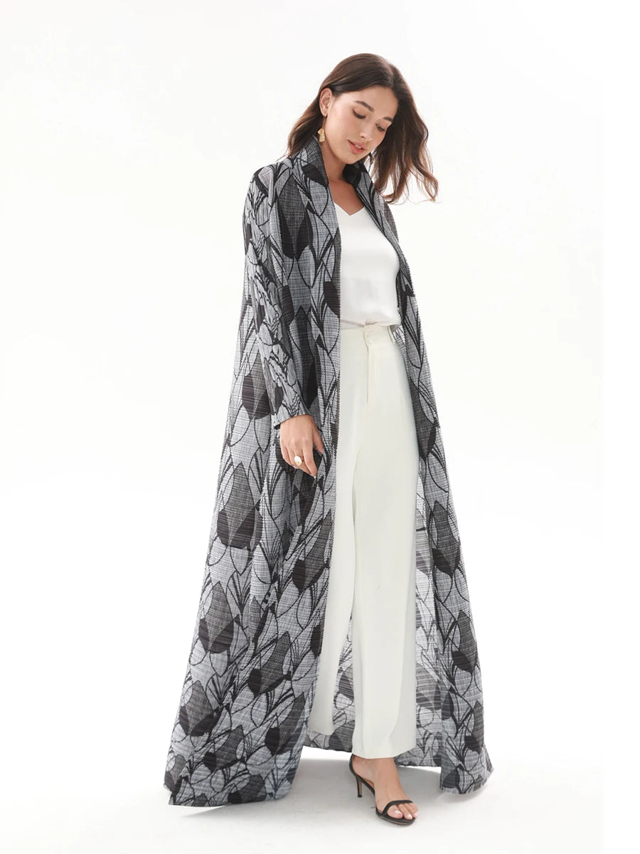 Miyake Pleated Abaya Coat – Vintage Print Designer Jacket