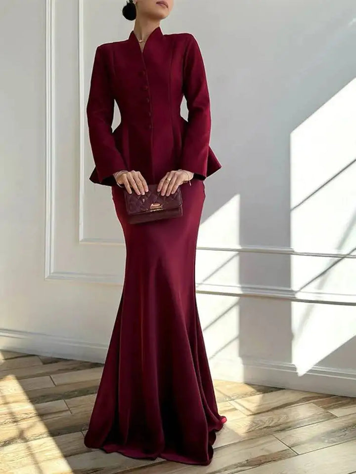Autumn New Stand Up Collar Long Sleeve Waist Tight Women's Fashion Two Piece Set