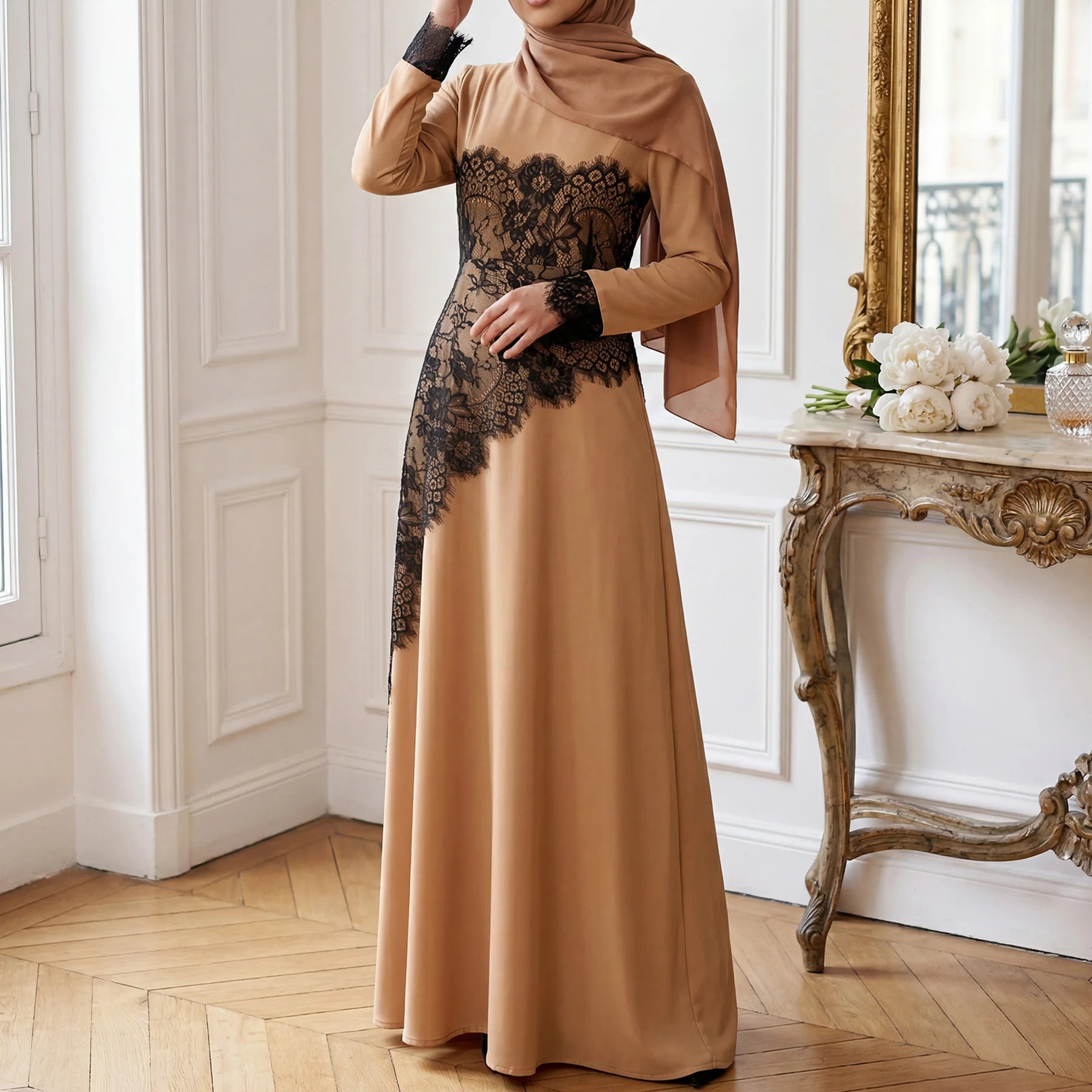 Summer Black Lace Overlay Feminine Modest Slim-Fit Muslimah Dress