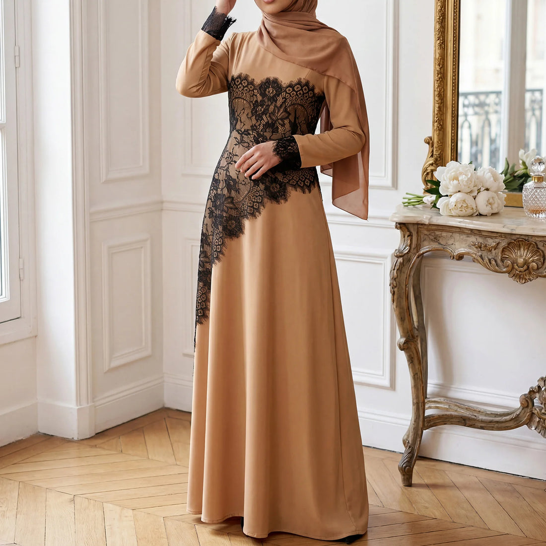 Summer Black Lace Overlay Feminine Modest Slim-Fit Muslimah Dress