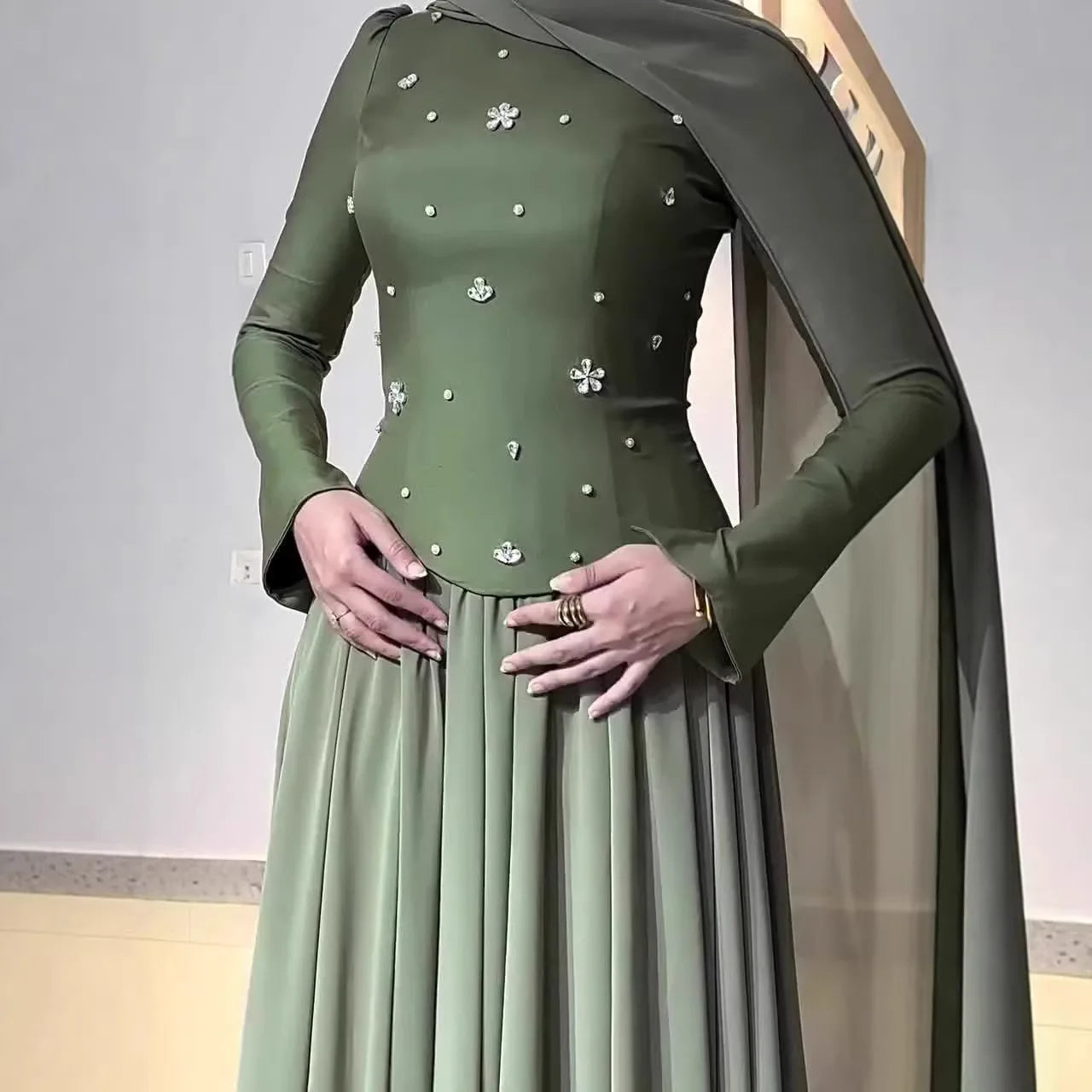 Women Long Dress Splice Beaded Mock Neck Full Sleeve Streetwear