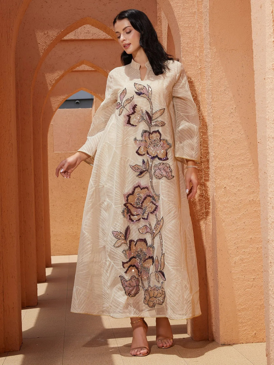Net Embroidered Caftan – Elegant V-Neck Long Dress