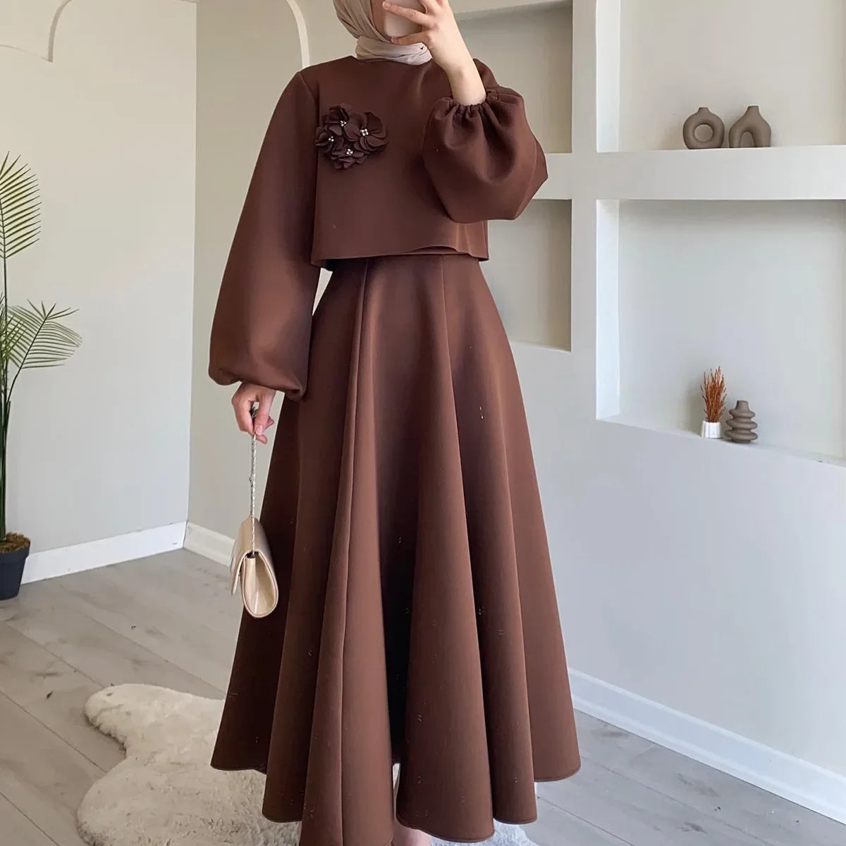 Lantern Sleeve Loose Two-piece Dress Femme Muslim Dress Abaya