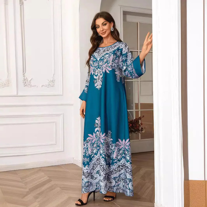 Elegant Traditional Print Abaya – Embroidered Loose-Fit Maxi Dress