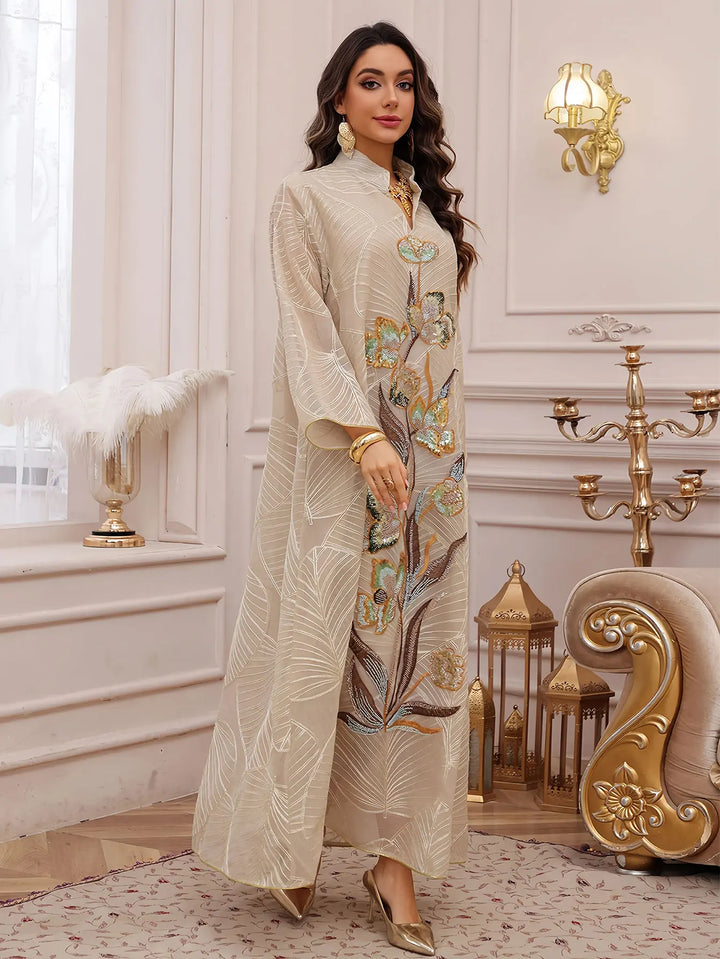 Light Blue Sequin Floral Abaya – Embroidered Evening Dress
