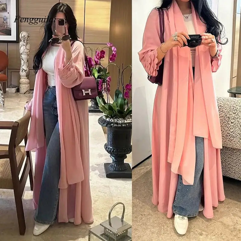 Pink Chiffon Kimono Cardigan – Flowy Maxi Duster Coat