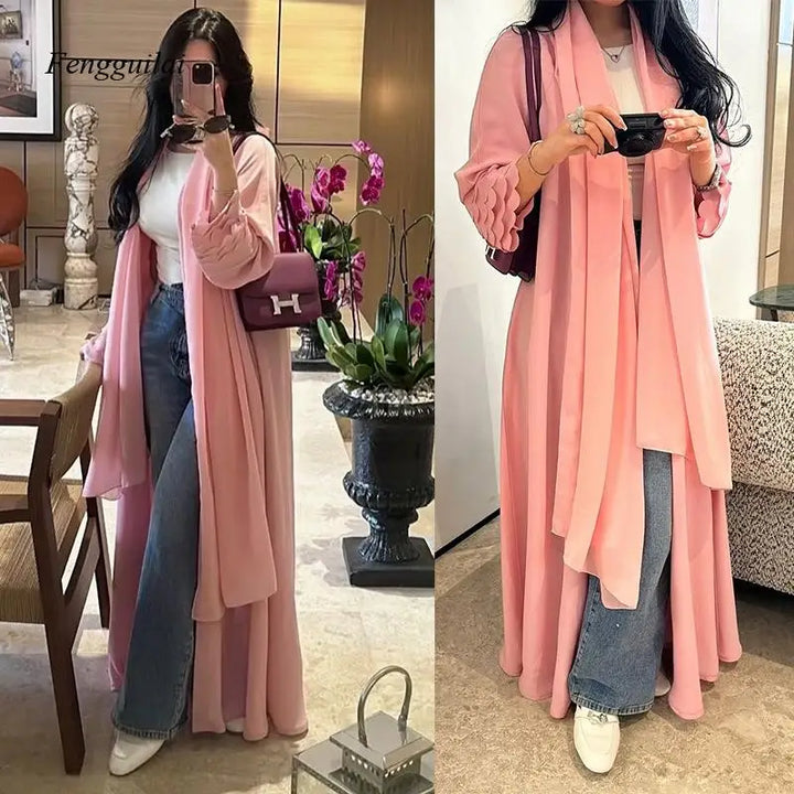 Pink Chiffon Kimono Cardigan – Flowy Maxi Duster Coat