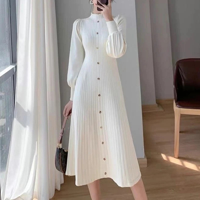 Spring Autumn Solid Color Midi Dress