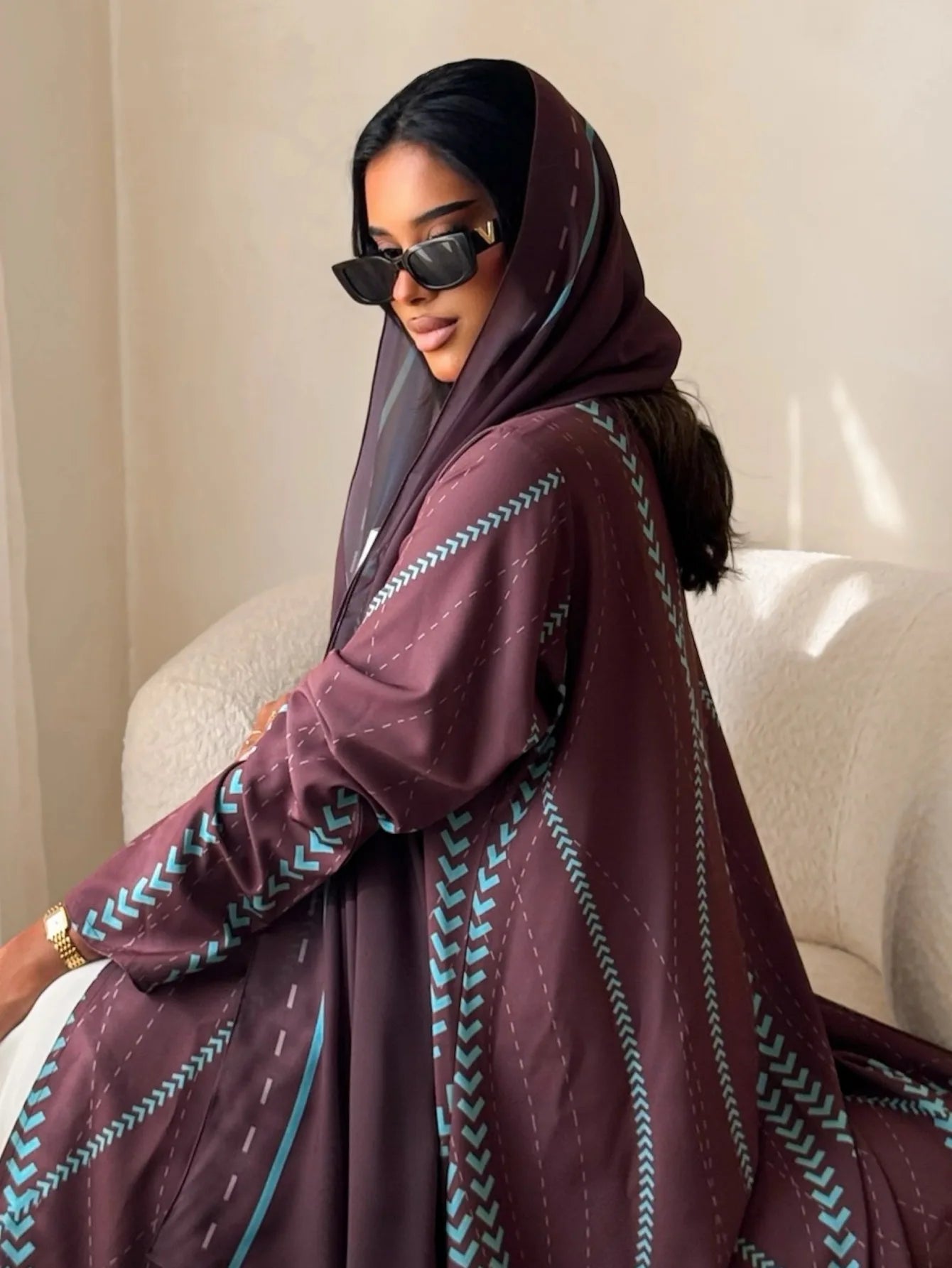 Eid Prin 2 Piece Kaftan Cardigan Abaya Hijab Set