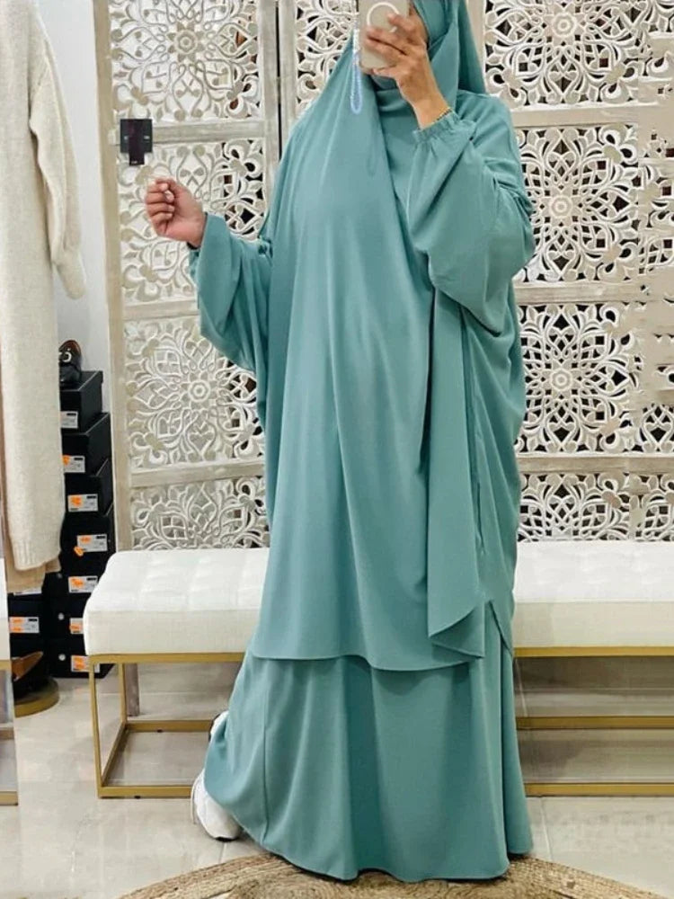 Ramadan 2 Piece Long Khimar with Skirt Set Abaya Muslim Women