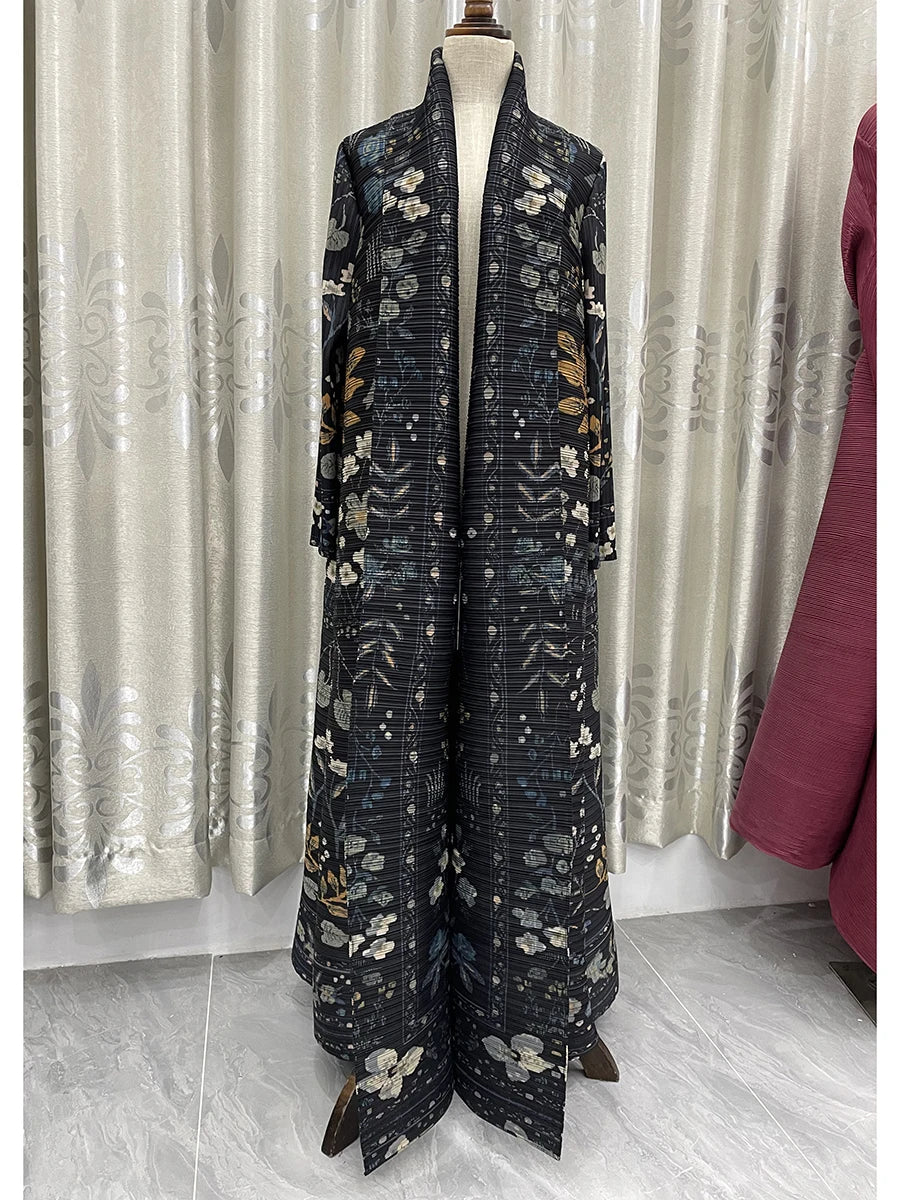 Miyake Pleated Abaya Coat – Vintage Print Designer Jacket