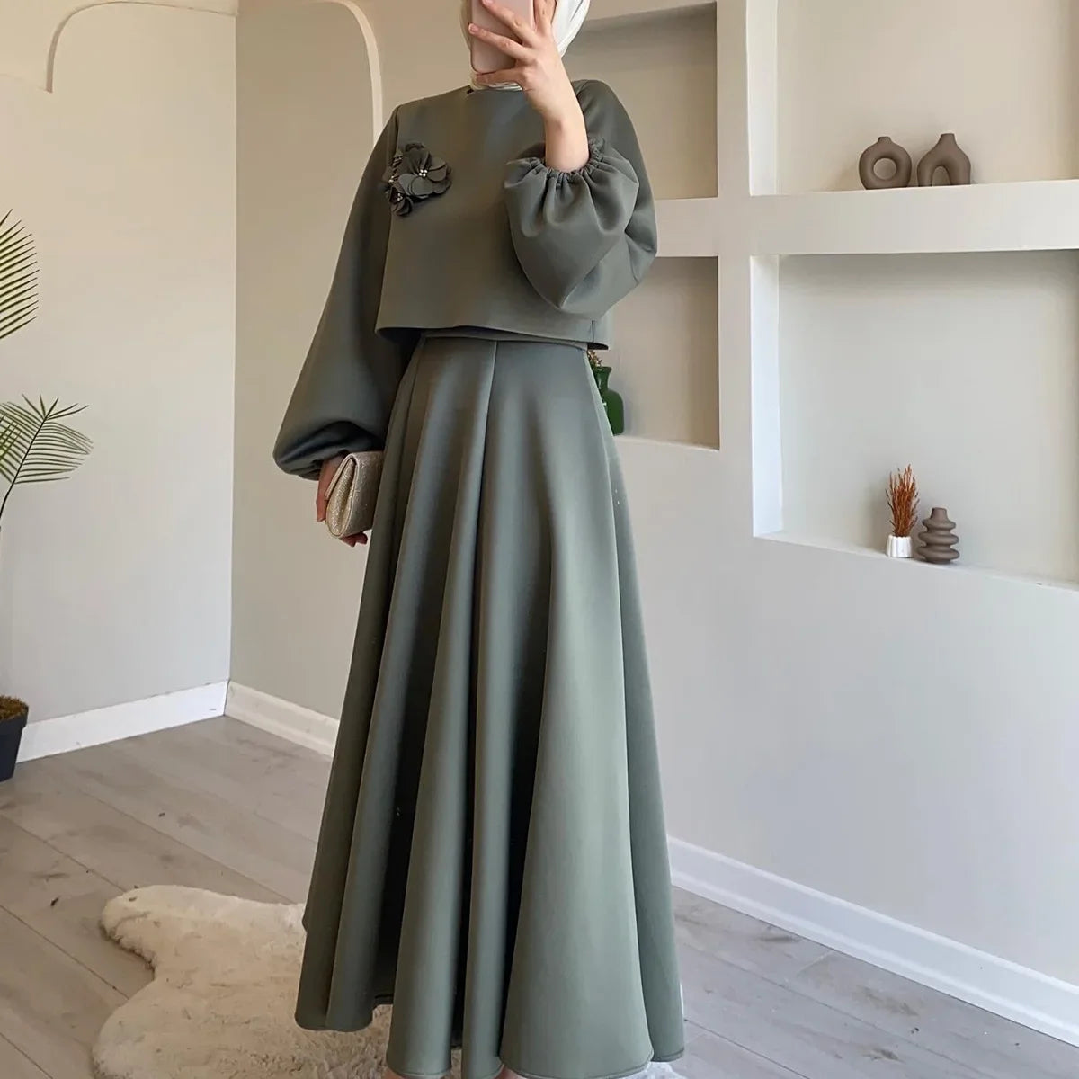 Lantern Sleeve Loose Two-piece Dress Femme Muslim Dress Abaya