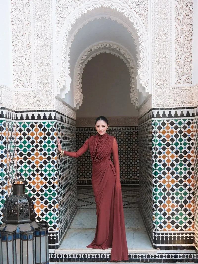 Solid Draped Neckline Long Dress