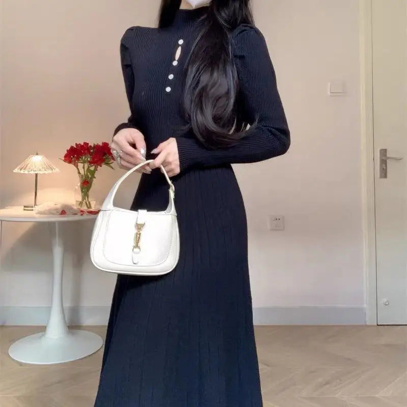 Solid Half High Collar Long Sleeve Jersey Dress