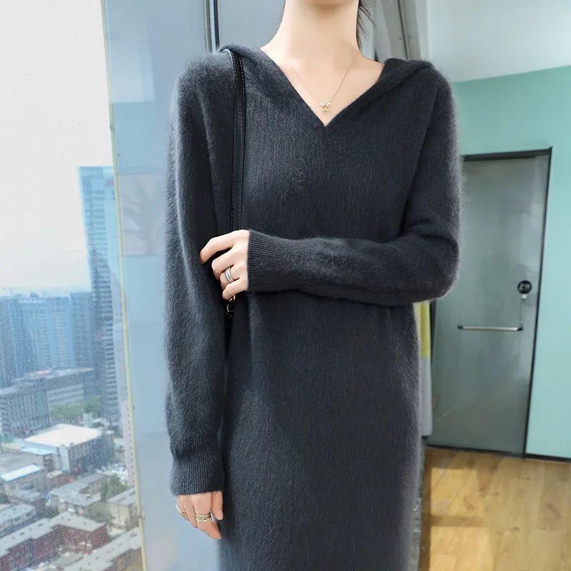 100% Pure Mink Cashmere Knitted Hooded Collar Dress