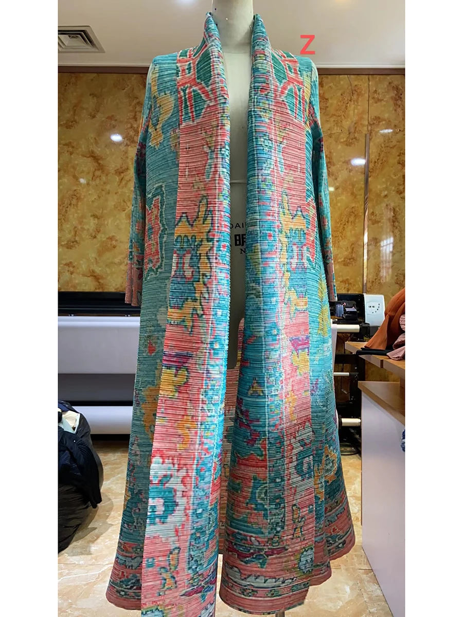 Miyake Pleated Abaya Coat – Vintage Print Designer Jacket
