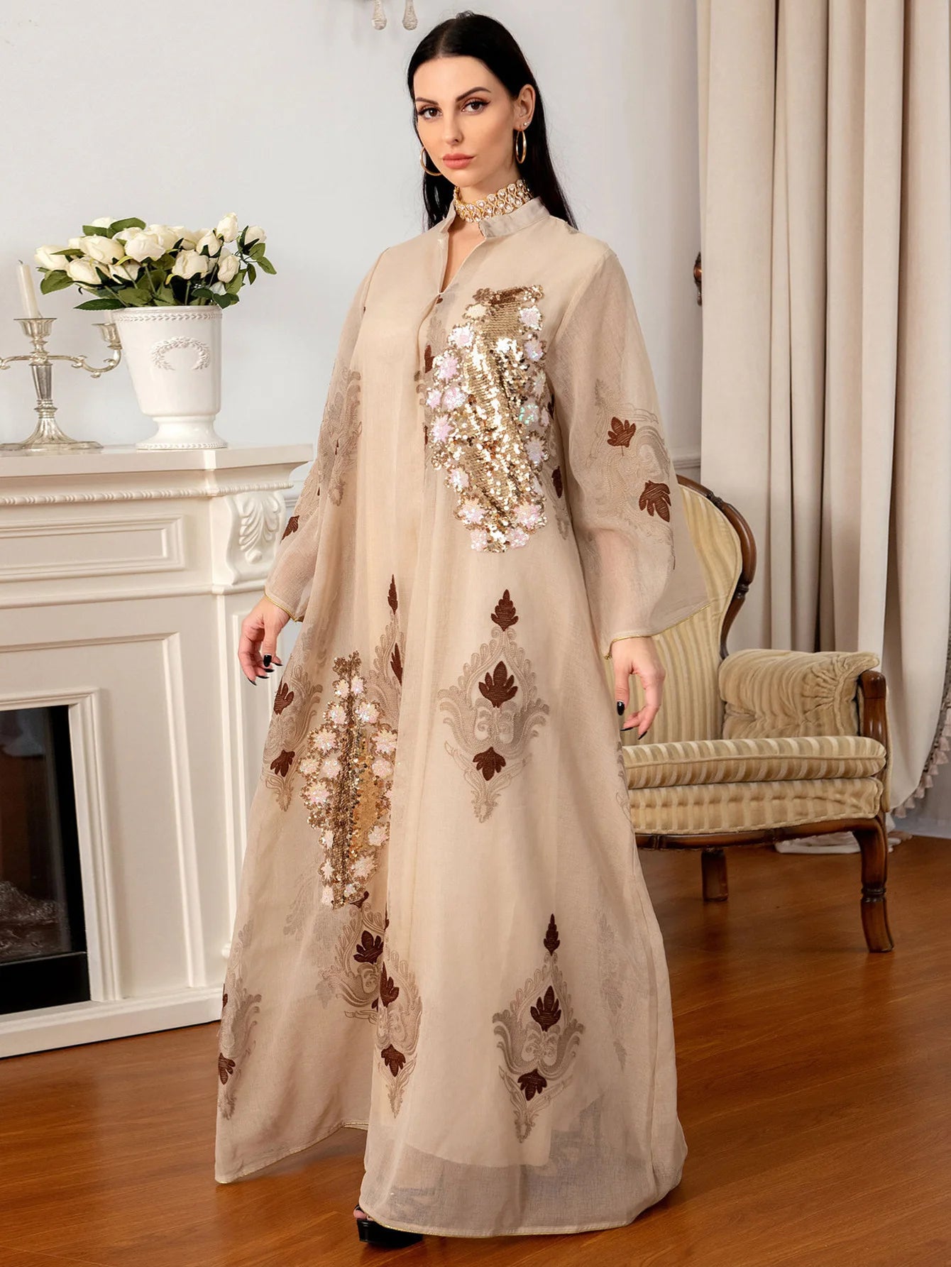 Sequin Leaf Embroidery Long Robe – Elegant Islamic Dress