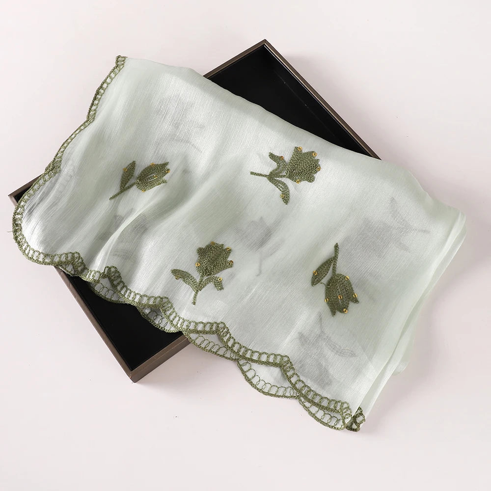 90×90cm Floral Embroidery Chiffon Hijab – Lightweight Shimmer Scarf
