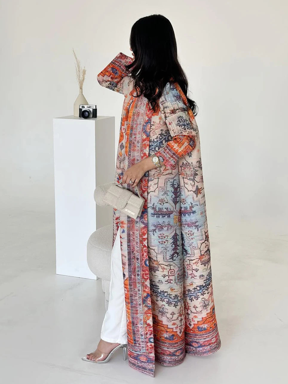 Miyake Pleated Abaya Coat – Vintage Print Designer Jacket