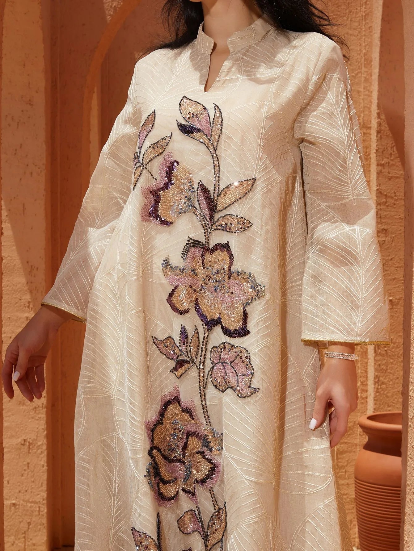 Net Embroidered Caftan – Elegant V-Neck Long Dress