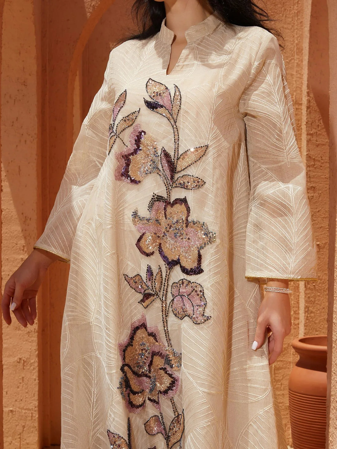 Net Embroidered Caftan – Elegant V-Neck Long Dress