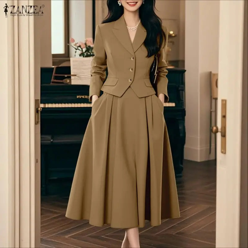 Elegant Women 2-Piece Skirt Suits Peak Lapel Long Sleeve Outfits