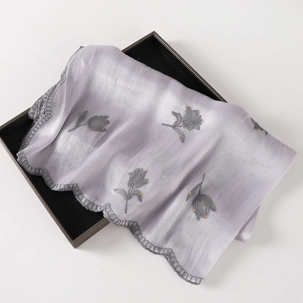90×90cm Floral Embroidery Chiffon Hijab – Lightweight Shimmer Scarf