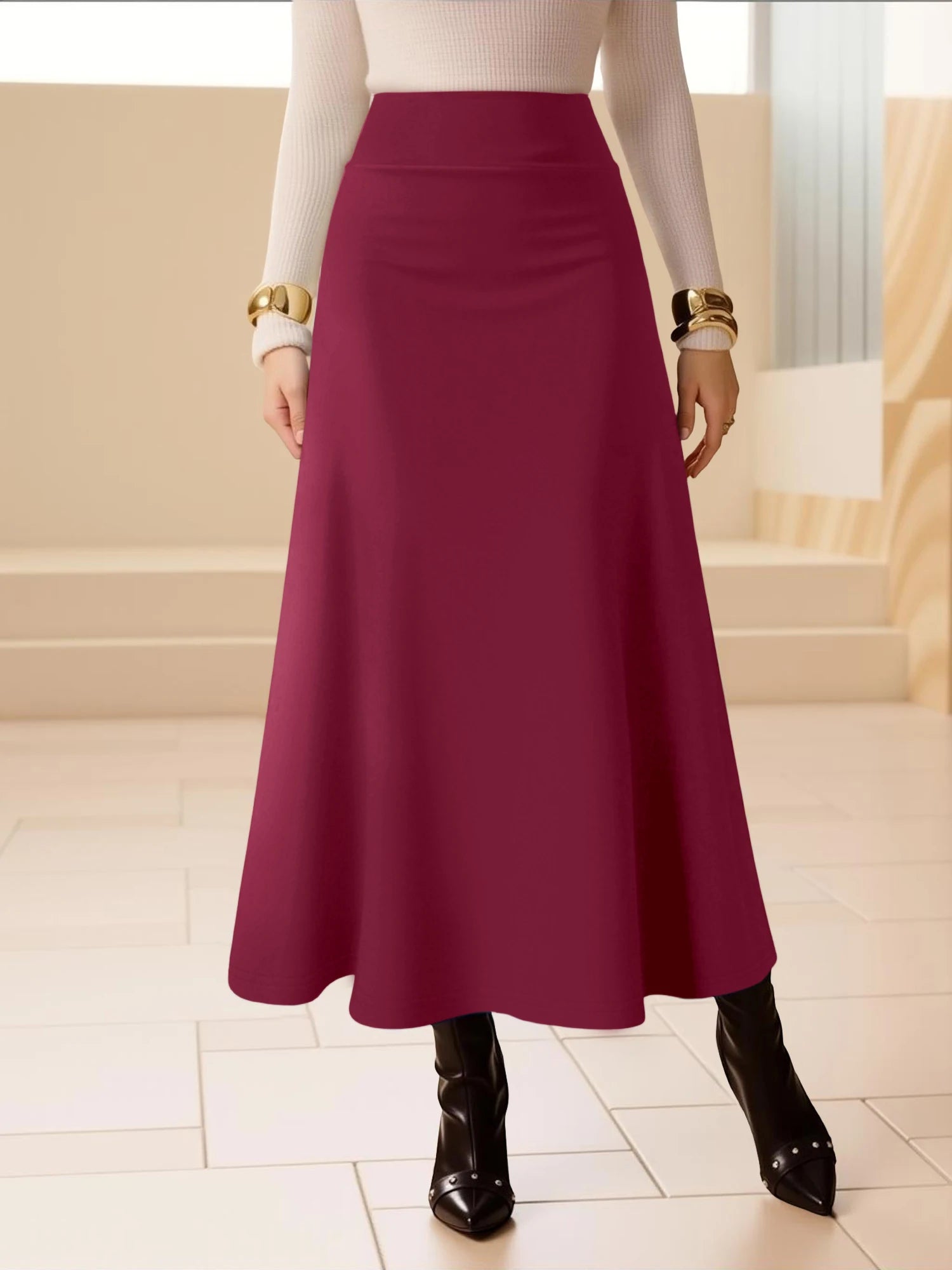 Women's High Waist Midi Skirt A-Line Flowy Style Breathable Fabric