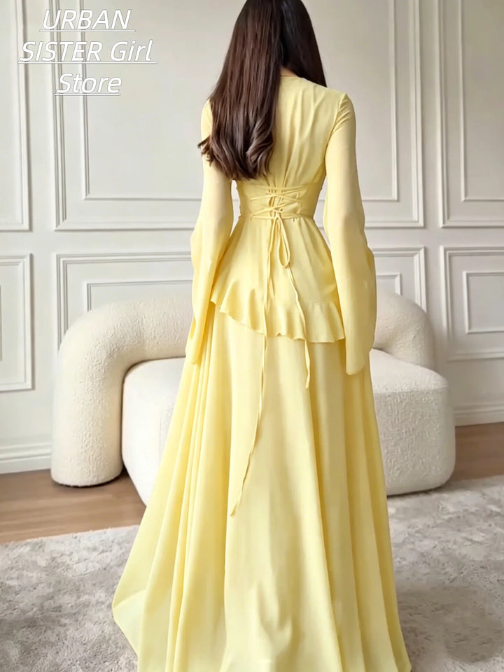 Cream-Colored Round-Neck Muslim Banquet Evening Gown