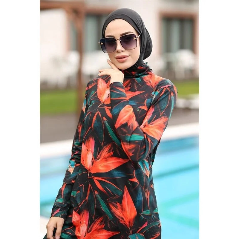 Muslim Swimwear Women Printed Stretch Full Cover Lslamic Clothes