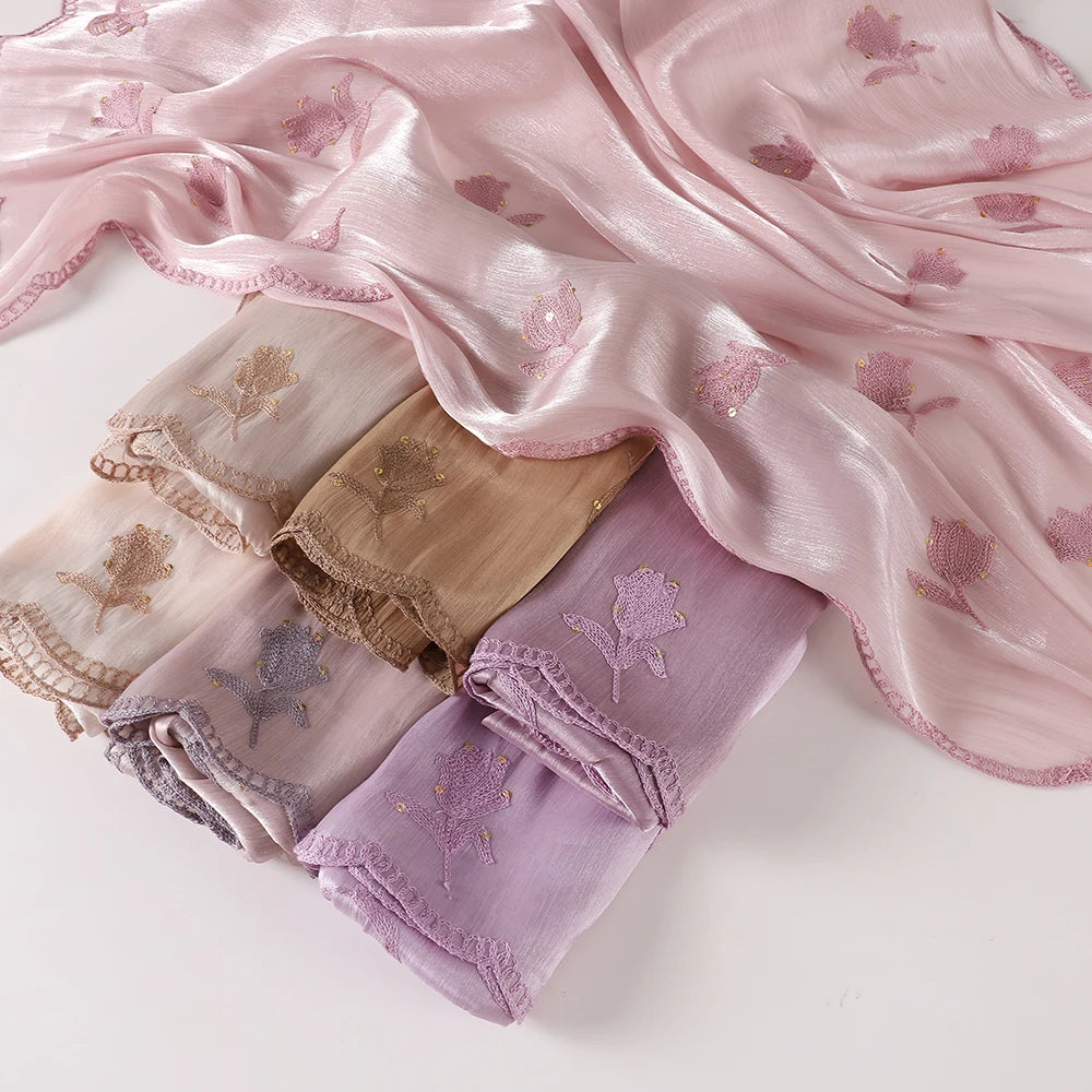 90×90cm Floral Embroidery Chiffon Hijab – Lightweight Shimmer Scarf