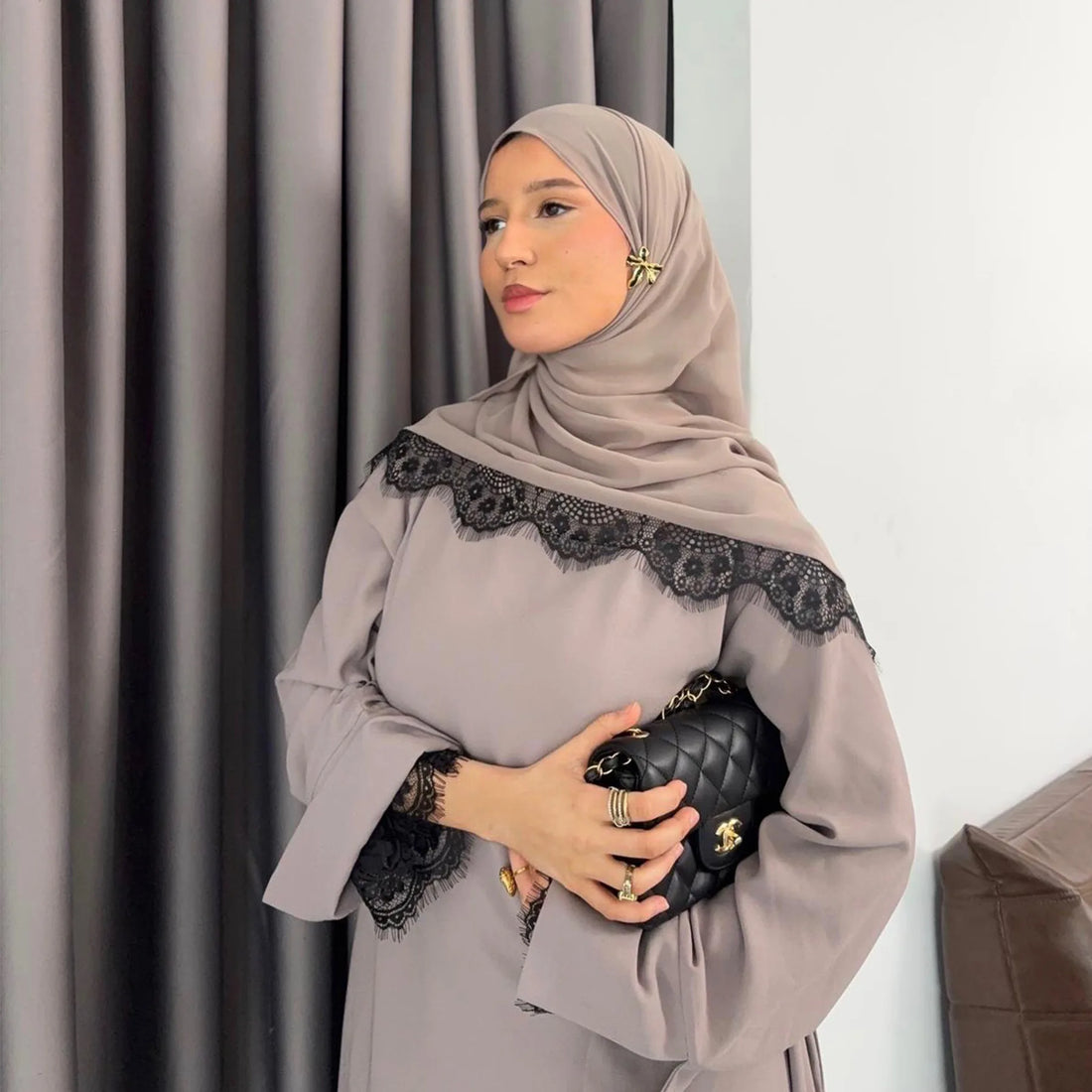 Dress Suit Women Hijab Dresses 2 Piece Set Jalabiya Muslim Lace Abaya