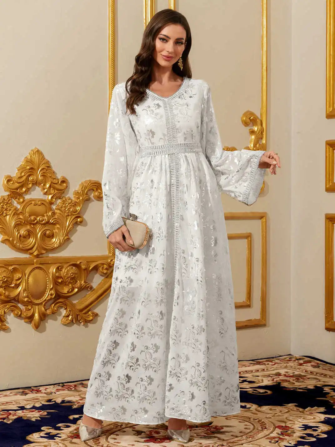Silver Foil Print Modest Maxi Dress – Elegant Eid & Occasion Abaya