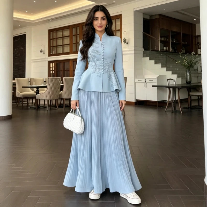 Skirts 2 Piece Set Muslim Party Ensemble Ramadan Embroidered Outfits