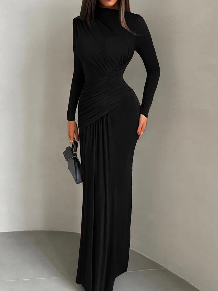Maxi Dress Women O-Neck Full Sleeve Solid Banquet Elegant Vacation Fashion