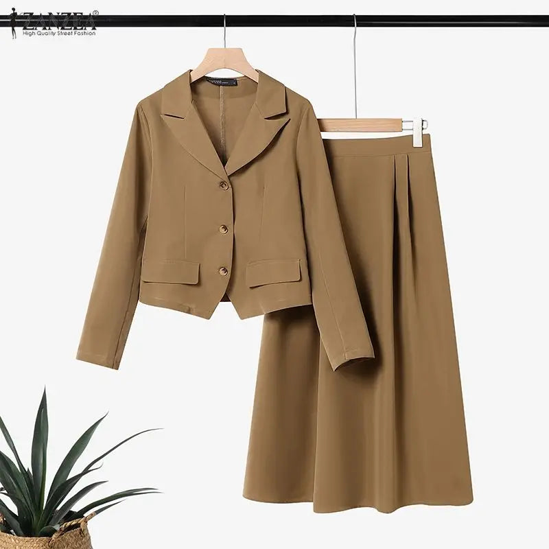 Elegant Women 2-Piece Skirt Suits Peak Lapel Long Sleeve Outfits